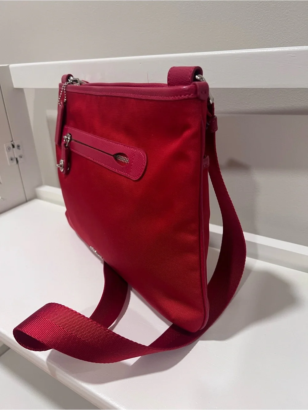 Coach Red Nylon Satchel Crossbody Bag with Red Leather Trim